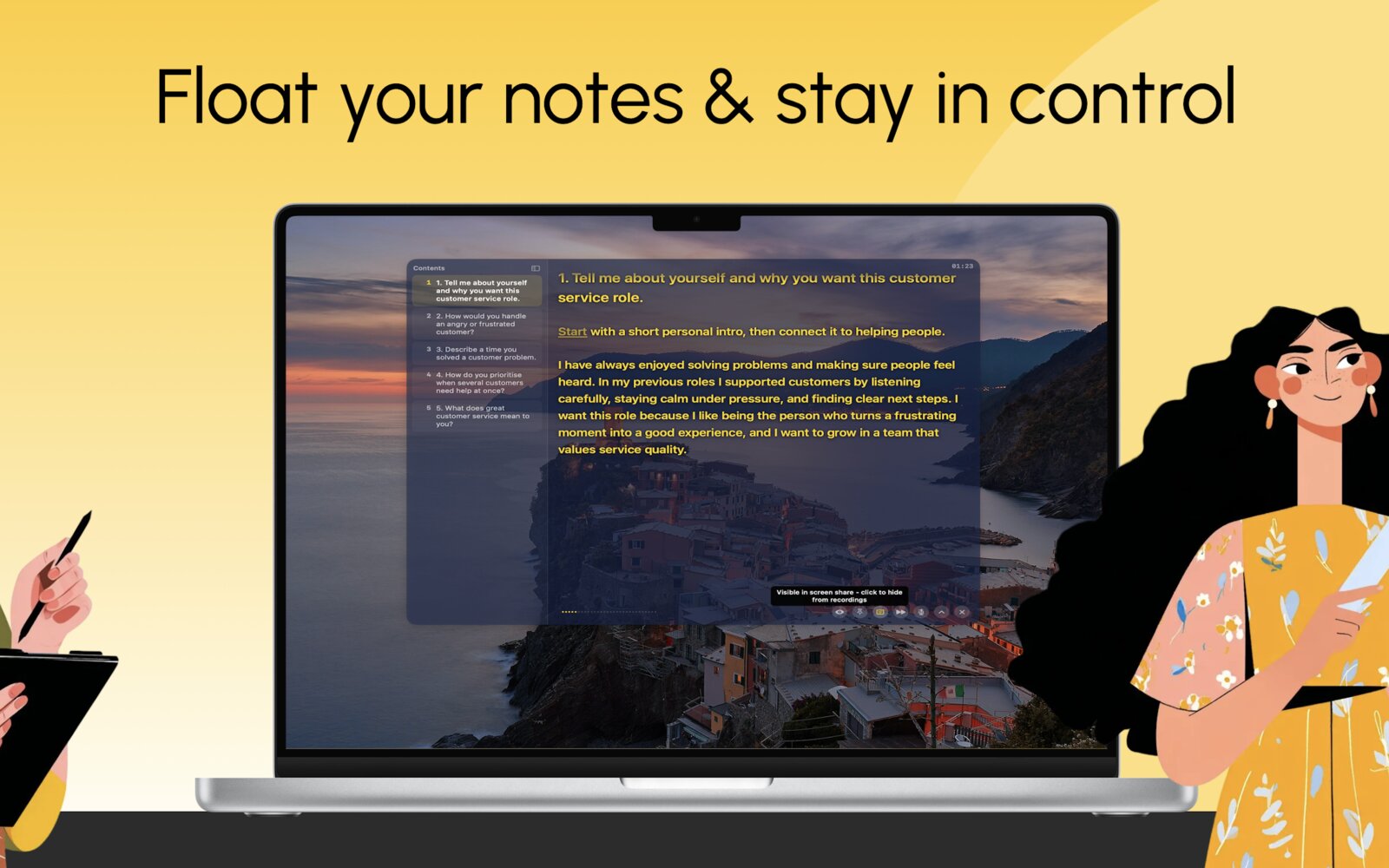 PresentationCue floating overlay on a laptop, with talking points and screen-share privacy control